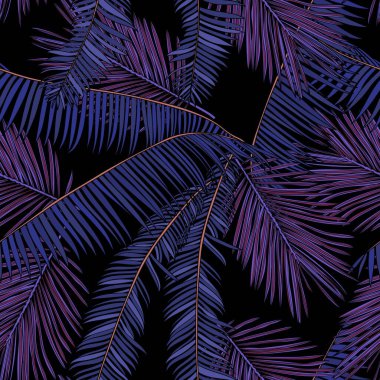 Siyah arka planda mavi tropik palmiye yaprakları olan, modaya uygun, pürüzsüz tropikal desenler. Güzel egzotik bitkiler. Modayı takip eden Hawaii baskısı. 