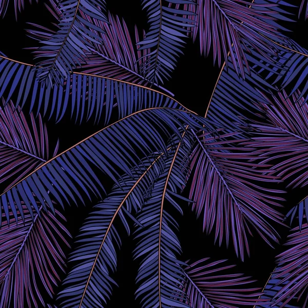 时尚无缝的热带图案 蓝色热带棕榈叶在黑色背景 美丽的异国植物流行的夏威夷夏季印刷品 — 图库矢量图片