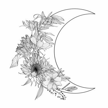 Mistik semboller. Boho mistik el çizimi elementler, çizgili çiçek resimli sihirli ay.