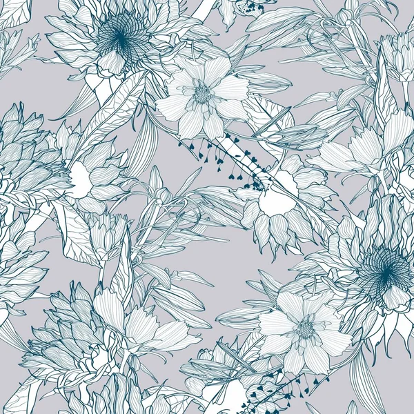 Εξωτική Μπλε Γραμμή Λουλούδια Στον Κήπο Γκρι Φόντο Floral Αδιάλειπτη — Διανυσματικό Αρχείο