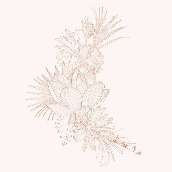 Πρόσκληση Γάμου Σκελετός Εξωτικά Και Καλοκαιρινά Λουλούδια Βοτανική Απεικόνιση Πρότυπο — Διανυσματικό Αρχείο