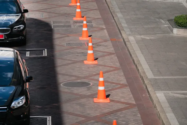 Traffic control cones at side street to prevent car parking — Stock Photo, Image