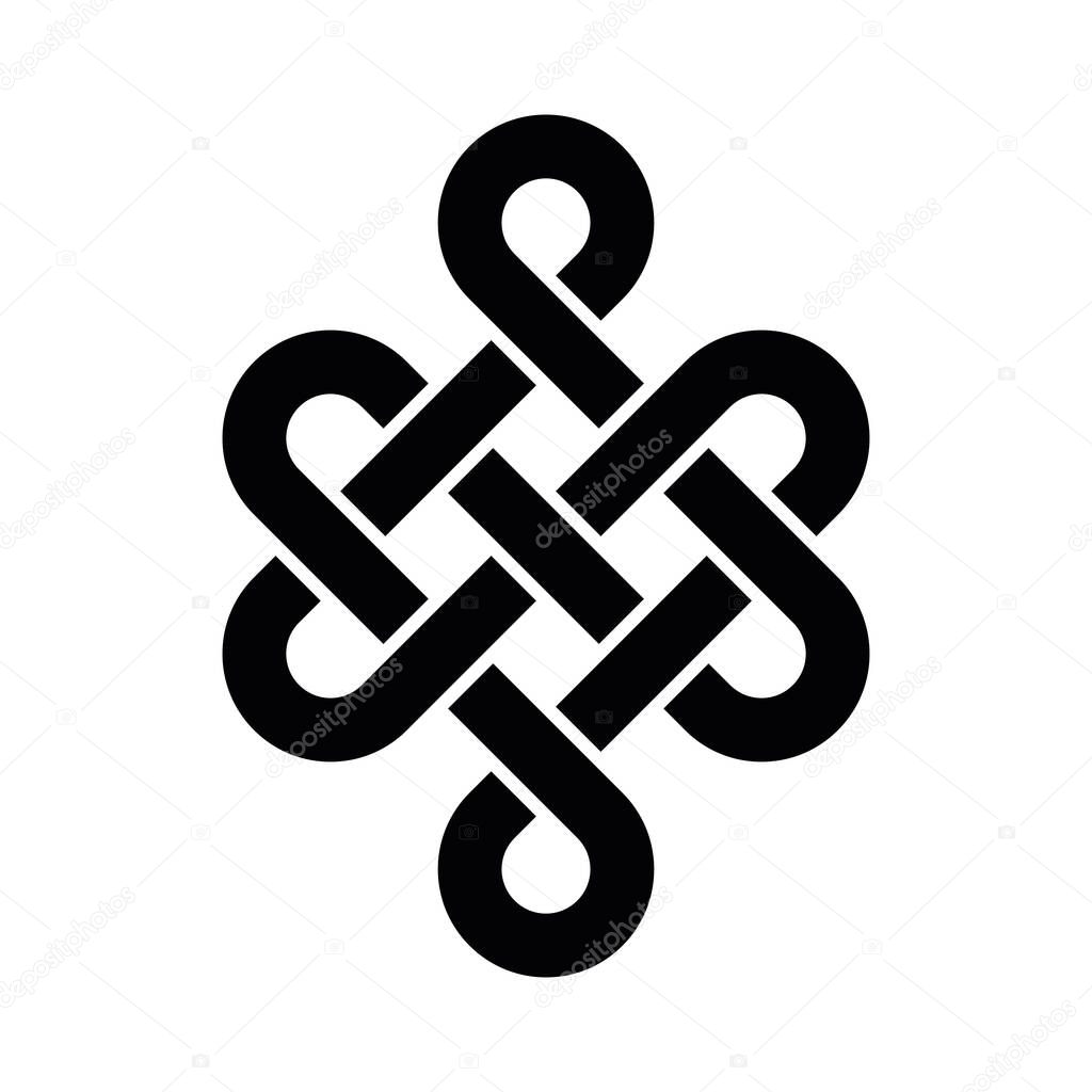 Endless, eternal or longevity knot. Complex ornamental sign. Symbol of continuity. Simple flat black vector ornament.