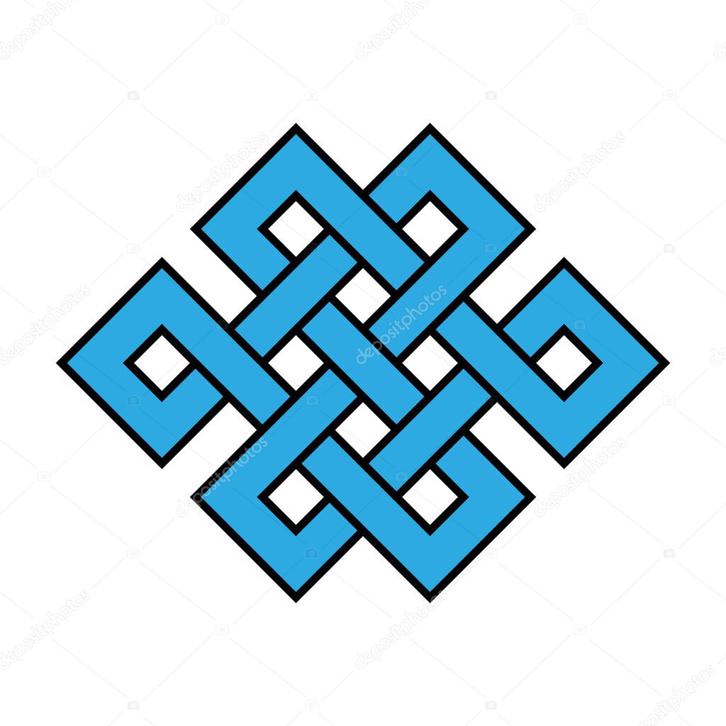 Endless, eternal or longevity knot. Complex ornamental sign. Symbol of continuity. Simple flat blue vector ornament with black outline.