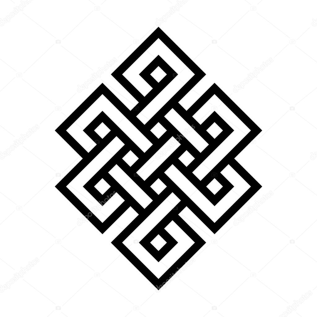 Endless, eternal or longevity knot. Complex ornamental sign. Symbol of continuity. Simple flat black outline vector ornament.