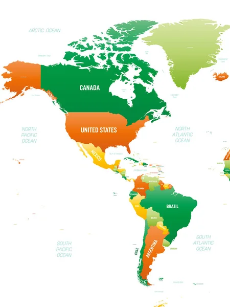Americas gedetailleerde politieke kaart met lables — Stockvector