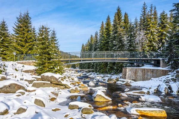 Ponte pedestre sobre o rio Jizera no inverno — Fotografia de Stock
