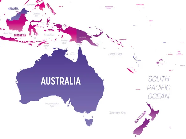 Austrália e Oceania detalham mapa político com lábios —  Vetores de Stock