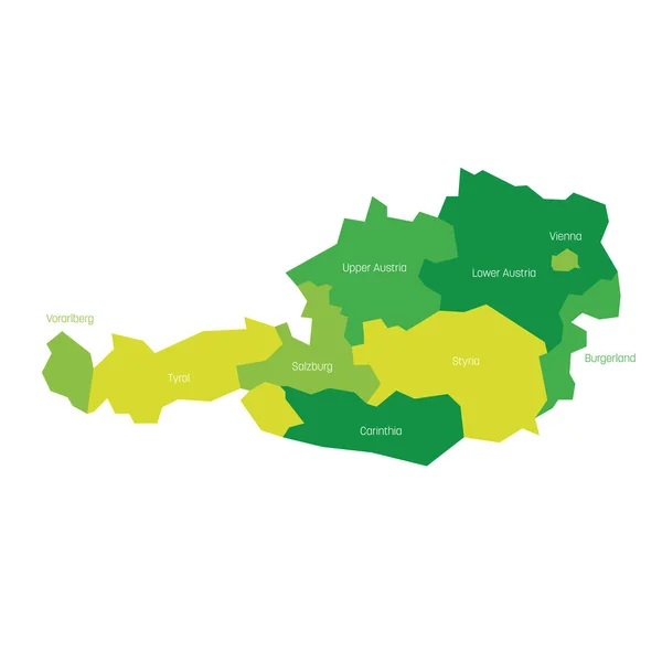Estados de Austria. Mapa de las divisiones administrativas de los países regionales. Ilustración vectorial colorida — Archivo Imágenes Vectoriales