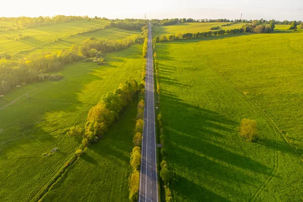 日没時に緑の牧草地でストレートアスファルトの道路 ドローンからの空中風景 — ストック写真