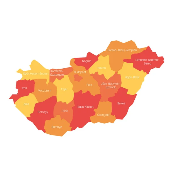 Macaristan Ilçeleri Bölgesel Ülke Idari Bölümleri Haritası Renkli Vektör Illüstrasyon — Stok Vektör