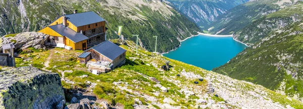 Alpský Walley Plauener Hut Azurově Modrou Vodou Přehrady Speicher Zillergrundl — Stock fotografie