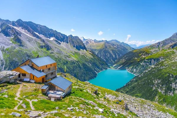 Alpine Walley Plauener Hut Azure Blue Water Speicher Zillergrundl Dam — Stock Photo, Image