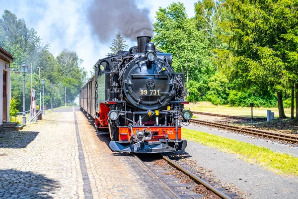 Locomotora Vapor Histórica Vía Férrea Vía Estrecha Aproximándose Estación Tren — Foto de Stock