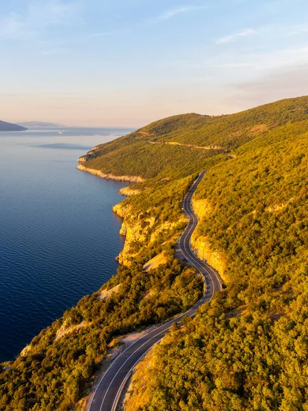 Asphalt Winding Coastal Road Blue Sea Sunny Morning Istria Croatia — Photo
