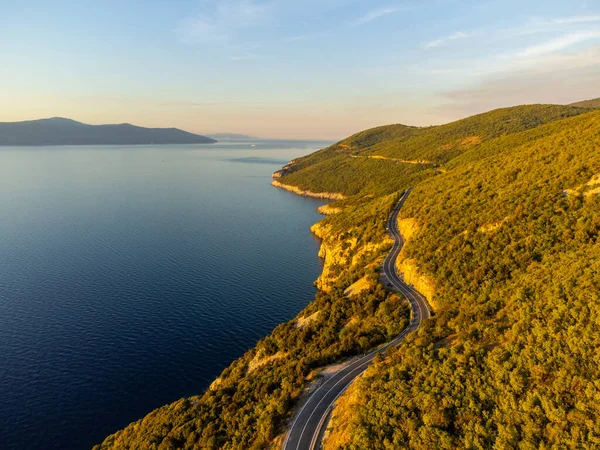 Asphalt Winding Coastal Road Blue Sea Sunny Morning Istria Croatia — Photo
