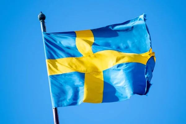 Flag Sweden Waving Wind Sunny Day Clear Blue Sky — Stockfoto