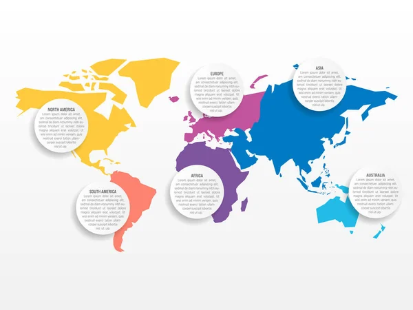 Инфографика Мира Континентов Круговые Текстовые Поля Карта Мира Разным Цветом — стоковый вектор