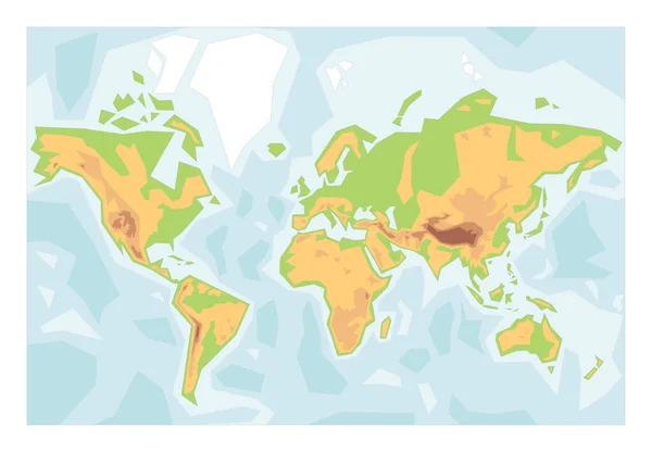 Vereenvoudigde Fysieke Kaart Van Wereld Kleurrijke Hoogtelagen Waterbad Blanco Vectorkaart — Stockvector