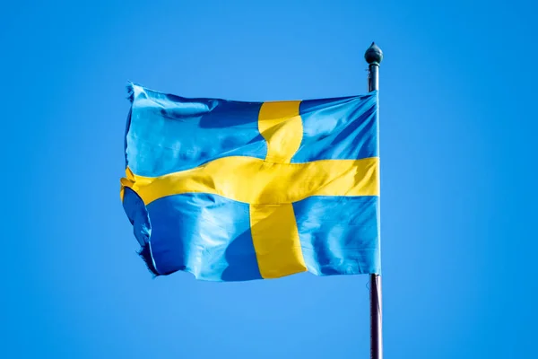 Flag Sweden Waving Wind Sunny Day Clear Blue Sky — Stockfoto