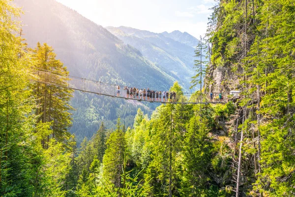 Group People Metal Swing Bridge Riesach Waterfall Schladming Tauern Alps — ストック写真