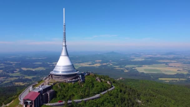 Jested Mountain Hotel Transmitter Liberec Czech Republic Aerial Footage Drone — Stock Video