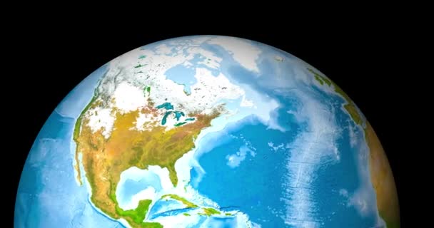 Реалистичный Земной Глобус Сфокусирован Северном Полушарии Планета Сушей Водой Атмосферой — стоковое видео