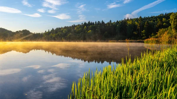 Idyllic Sunny Hazy Morning Water Chrastna Pond Czech Chrastensky Rybnik — Stock Photo, Image
