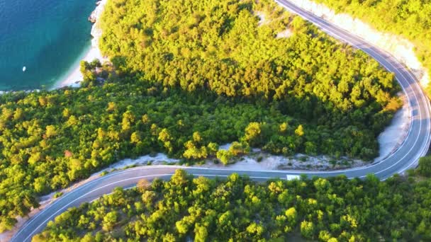 Winding Coastal Asphalt Road Sunny Summer Morning Aerial Footage Drone — Stock Video
