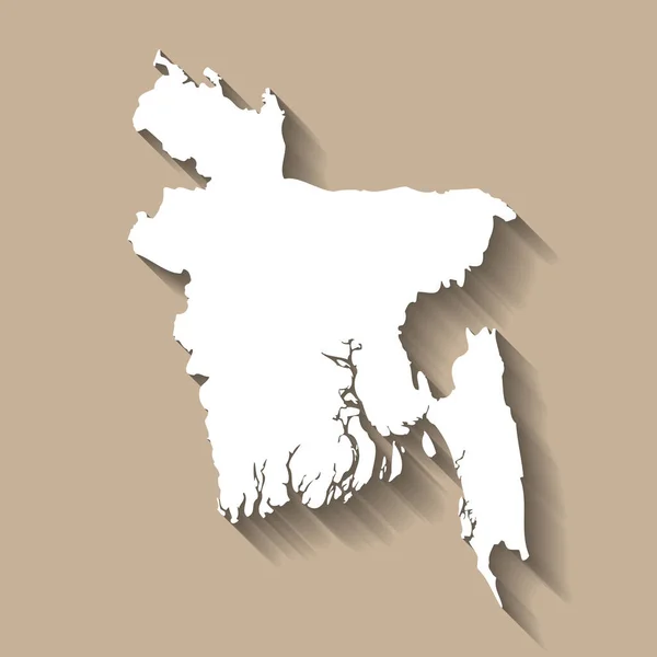 孟加拉国国家概况 高度详细的地图 在米色背景上投下长长的阴影的白色乡村轮廓 — 图库矢量图片