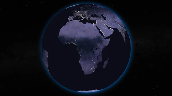 Earth globe by night focused on Africa. Dark side of Earth with illuminated cities and stars of universe on background. Elements of this image furnished by NASA