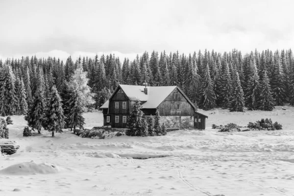 Zimowy Krajobraz Gór Izerskich Śnieżne Łąki Stary Drewniany Dom Mroźny — Zdjęcie stockowe