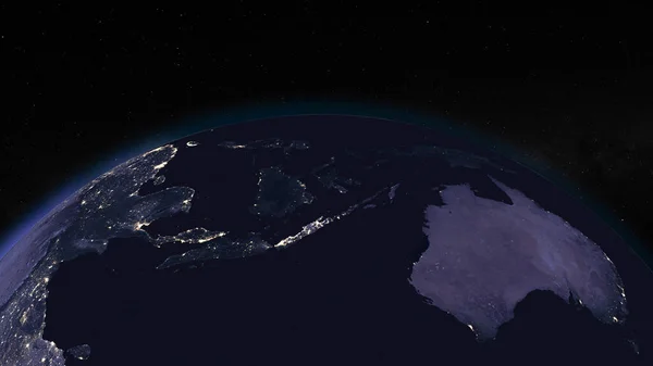 Earth globe by night focused on Australia. Dark side of Earth with illuminated cities and stars of universe on background. Elements of this image furnished by NASA