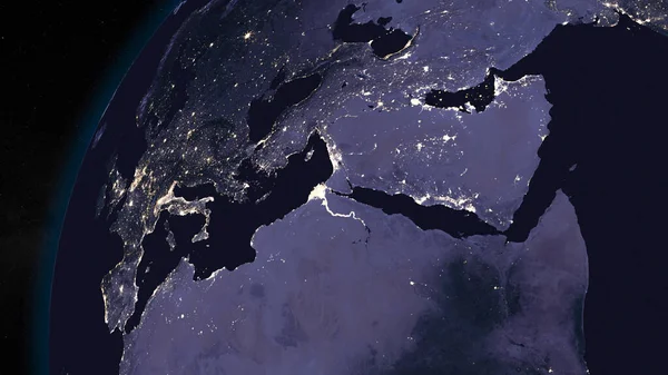 Ziemski Glob Nocą Koncentrował Się Europie Bliskim Wschodzie Ciemna Strona — Zdjęcie stockowe