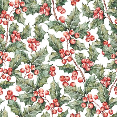 Holly Bitkisiyle Suluboya Geleneksel Kusursuz Noel Deseni