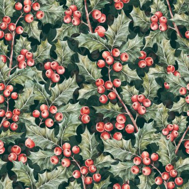 Holly Bitkisiyle Suluboya Geleneksel Kusursuz Noel Deseni