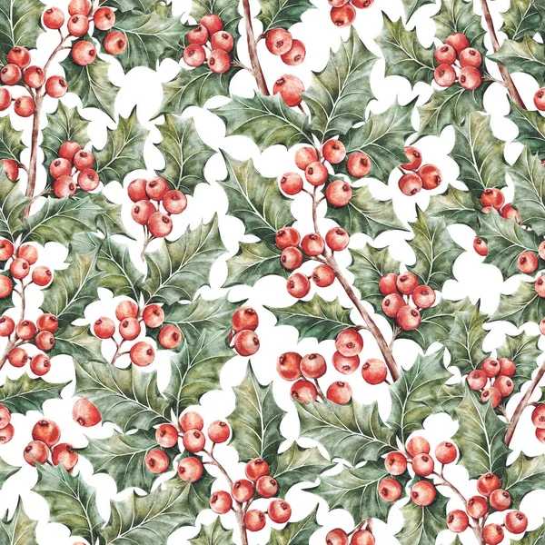 Watercolor Traditional Seamless Christmas Pattern With Holly Plant