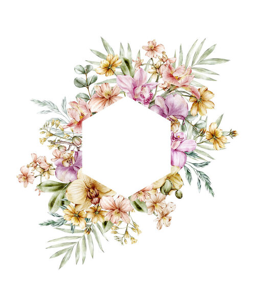 Watercolor Orchid Floral Frame, Wreath, Border for greeting card decorative element