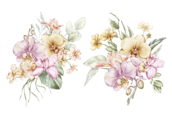 Akvarell Blommig Bukett Sammansättning Isolerad Bakgrund — Stockfoto