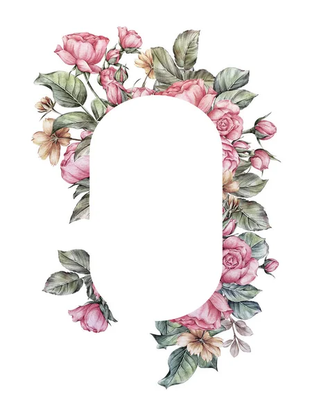 Watercolor Rose Floral Frame Wreath Border Untuk Elemen Dekoratif Kartu — Stok Foto