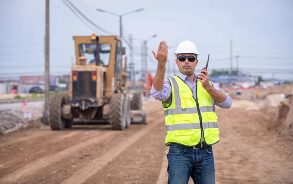 Construction Engineer Wear Safety Uniform Inspection Survey Workplace Tablet Excavation Royaltyfria Stockfoton