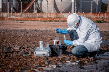 Çalışan su analizi ve su kalitesi altında koruyucu üniforma ve eldiven giyen bilim adamları laboratuvardaki vakayı kontrol etmek için atık su getirerek çevre kirliliği sorunu kavramı
