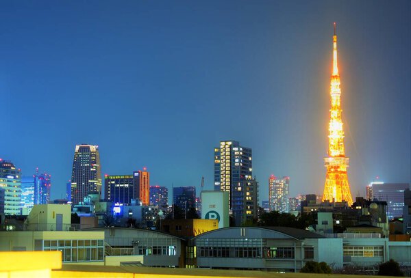 Japans famous Tokyo Tower is magnificently lit as it soars above the Minato night skyline