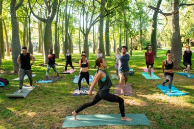 yoga teacher teaching a group of people at the park