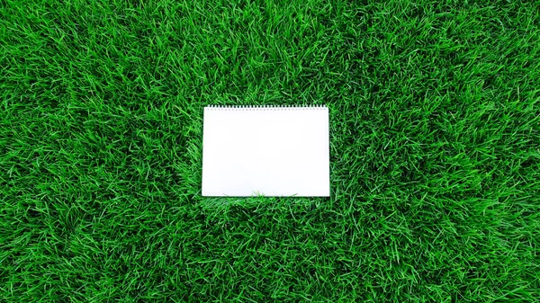 Макет Пустой Белой Бумаги Зеленом Фоне Травы Натуре Послания Лежало — стоковое фото