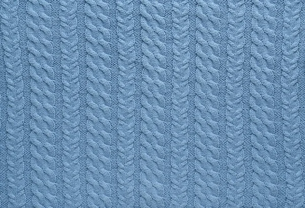 Texture Pull Bleu Tricoté Lisse Avec Motif Vue Dessus Gros — Photo