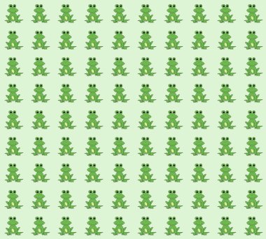 Yeşil arka planda sevimli kurbağalar olan kusursuz bir desen. Duvar kağıdı, kartpostal, poster, kumaş, peçete ve diğer yaratıcı projeler için mükemmel içerik.