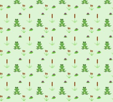 Yeşil arka planda sevimli kurbağalar, kamış ve nilüfer çiçekleri olan kusursuz bir desen. Duvar kağıdı, kartpostal, poster, kumaş, peçete ve diğer yaratıcı projeler için mükemmel içerik.