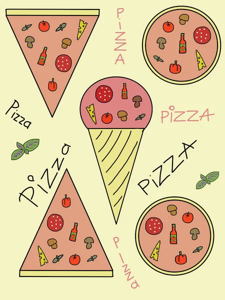 Pattern pizza cone, round pizza and slice of pizza with ingredients - salami, mushrooms, tomato, ketchup, paprika, basil, cheese. Perfect content for wallpaper, postcards, posters, fabric, napkins. — Stok fotoğraf
