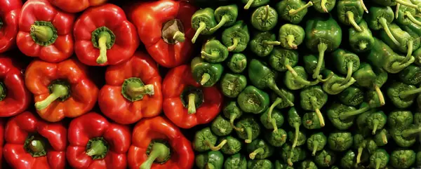 Banner con Trendy bellissimo peperone verde biologico e rosso paprica sul mercato. Vitamina sano cibo texture sfondo. — Foto Stock